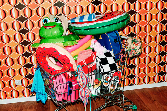 shopping cart overflowing with summer items