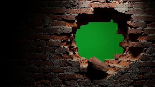 Broken hole in a dark brick wall with a green screen center.	