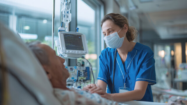 compassionate nurse, wearing scrubs and a face mask, holds the hand of a senior patient in hospital bed. Image captures a heartfelt moment of empathy, professional medical support in clinic setting