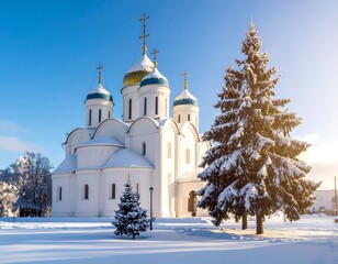 Snowy church with fir trees