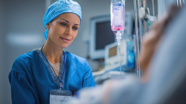 A professional female surgeon or doctor, dressed in blue scrubs, surgical cap, stands attentively beside patient's bed, with an IV bag visible in the foreground. Her calm expression conveys expertise