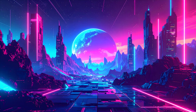 Cosmic August cityscape with glowing neon lights on a digital road under a purple planet