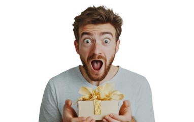 Man with shocked expression after pulling prank item reacting with surprise and humor in playful setting isolated on transparent background PNG