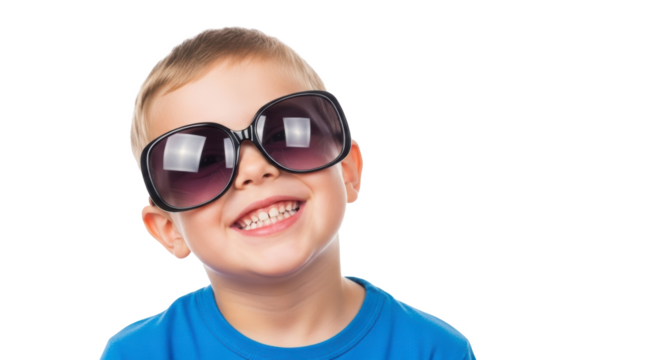 A young boy with blond hair wearing oversized sunglasses and a blue shirt smiling at the camera