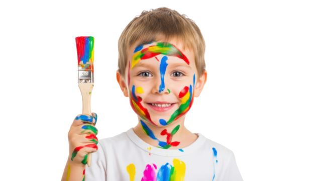 A young boy with paint on his face holding a paintbrush covered in colorful paint against black background