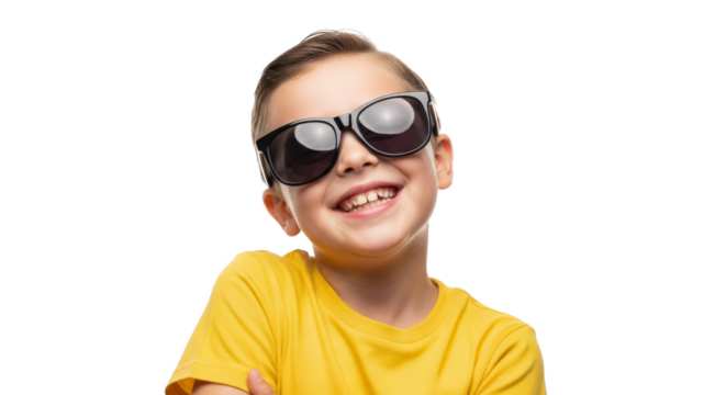 A smiling boy wearing sunglasses and a yellow shirt against a black background is posing happily
