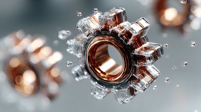 Abstract composition of mechanical gears in metallic tones with gradient lighting.