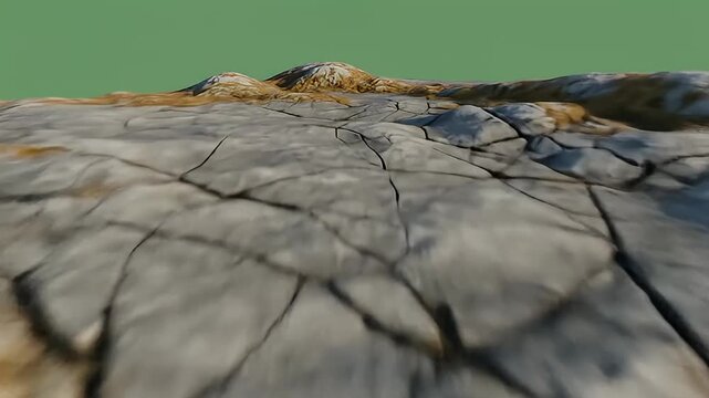 Barren rocky landscape with dry grass on a green screen.	