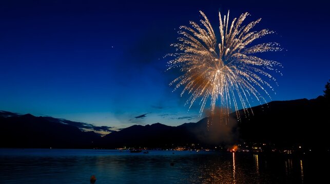 Golden fireworks bursting against a twilight sky, reflecting on a tranquil lake during National Day festivities.