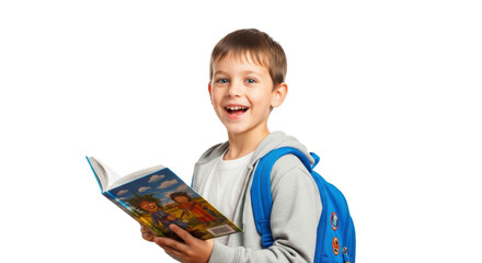 Obraz premium Happy young boy with blue backpack reading a book with a colorful cover against black background