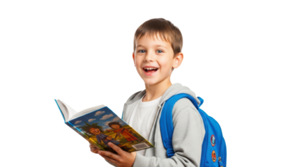 Happy young boy with blue backpack reading a book with a colorful cover against black background