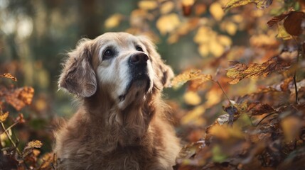 Golden Retriever amidst autumn leaves, showcasing a warm and friendly expression in natural light.