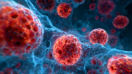 Abstract microscopic view of viral particles attacking cellular structures in fiery red and cool blue contrast.