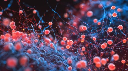 Abstract microscopic view of viral particles attacking cellular structures in fiery red and cool blue contrast.