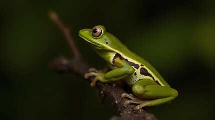 Naklejka premium Vibrant Green Tree Frog Resting on a Branch in Nature