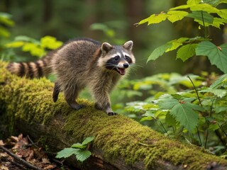 Curious Raccoon on a Mossy Log in the Forest