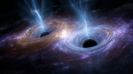 Two supermassive black holes in a cosmic dance, connected by energy streams across vast interstellar distance