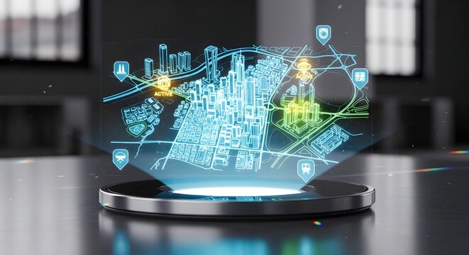 Holographic smart city model with glowing data icons for futuristic urban planning and technology concepts.