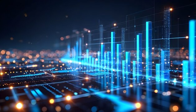 Abstract digital landscape featuring glowing blue bars and lines against a dark background with bokeh lights.