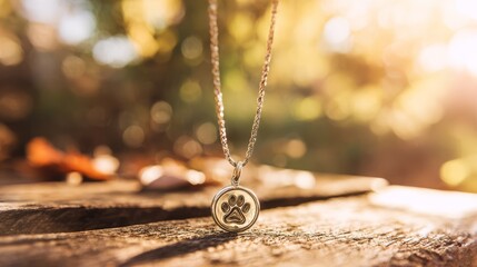 A vibrant paw print pendant on a rustic table, honoring World Animal Day with warmth and nature.