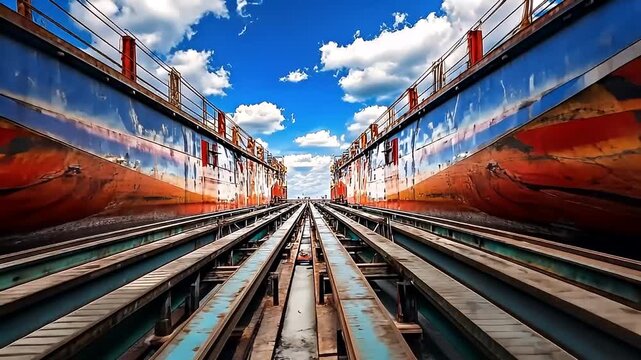 Two Rusty Ships In A Dockyard With Blue Sky Background and Parallel Lines