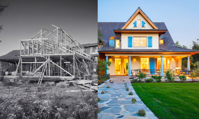 Construction site showcasing a black and white wooden house frame on the left and a new finished house with a landscaped yard on the right, illustrating the transformation of residential architecture