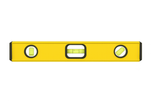 Yellow spirit level measuring instrument on transparent background