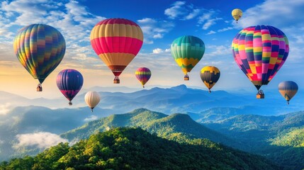 Fototapeta premium Colorful hot air balloons soar over lush mountains at sunrise