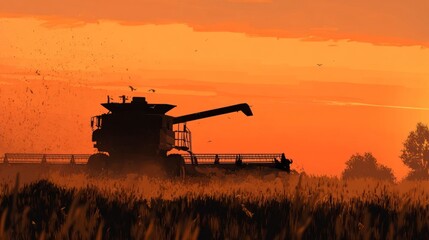 Fototapeta premium Combine harvester silhouette sunset field