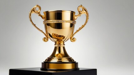 Golden trophy on a black pedestal against a white background