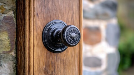Fototapeta premium Close-up of a dark antique door knob on a wooden door