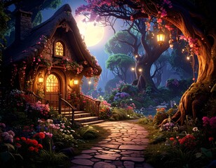 A magical fairy tale cottage with glowing windows, representing themes of fantasy, imagination, and peaceful living.