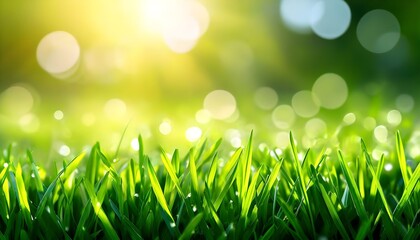 Lush green grass illuminated by warm sunlight, dew drops glistening, bokeh background.