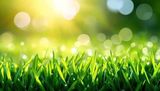 Lush green grass illuminated by warm sunlight, dew drops glistening, bokeh background. - Powered by Adobe