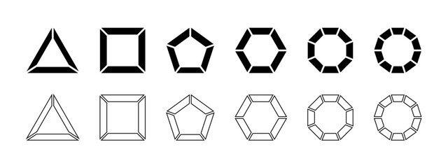 Geometric frames divided into equal parts isolated on white background. Triangle, square and pentagon, hexagon, octagon and decagon shapes with separated borders. Vector graphic illustration.