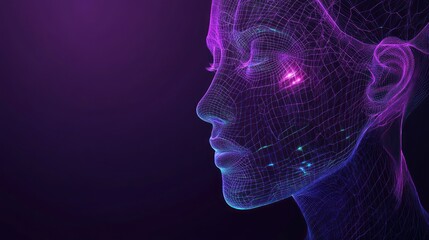 Obraz premium Abstract digital profile of a female face, glowing with vibrant purple and blue lines