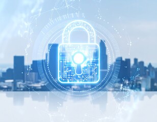 Digital lock on city skyline