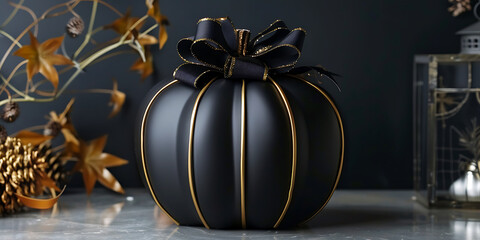Black pumpkin with gold accents and decorative bow
