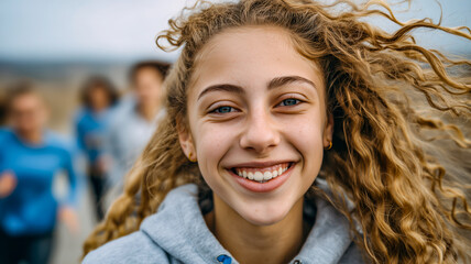 Close-up of a smiling young woman with curly hair, with blurred figures in the background, conveys youth, happiness, and outdoor activity.