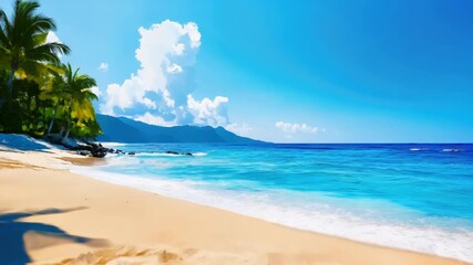 A serene beach view on a clear day with azure skies and gentle waves. Perfect for those seeking a peaceful getaway or tropical escape.