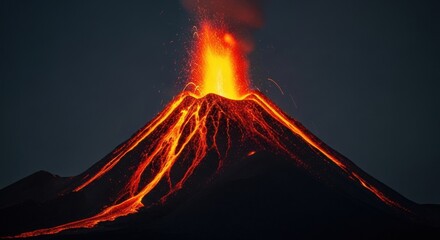 A dramatic nighttime photo of an active volcano with multiple glowing lava rivers flowing down its slopes.