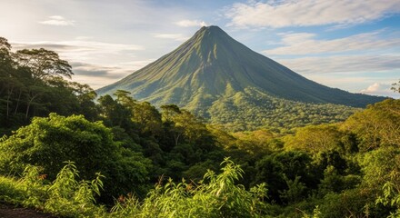 A scenic landscape view of a perfect cone-shaped volcano rising above a dense jungle.