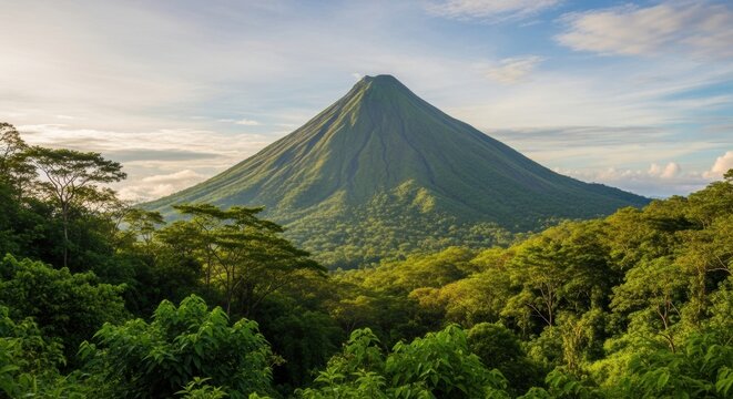 A majestic, dormant volcano covered in a lush green tropical rainforest under a partly cloudy sky.