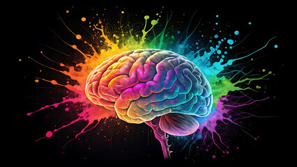 Fototapeta premium Vibrant Human Brain Exploding with Colorful Paint Splatters mind psychology