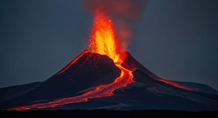 A scenic volcanic eruption at dusk, with a fountain of lava and widespread molten rock flows.