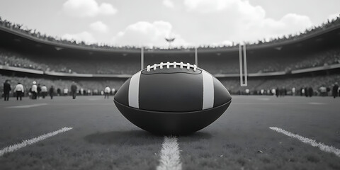 black and white On the 50-Yard Line close up shot of american football and lighting stadium rugby