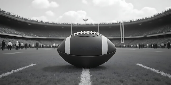 black and white On the 50-Yard Line close up shot of american football and lighting stadium rugby