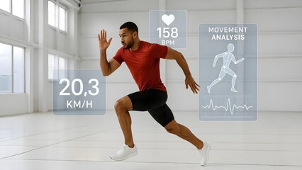 Athlete with Floating Performance Data Overlays in Sports Hall