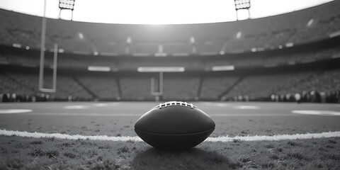 black and white On the 50-Yard Line close up shot of american football and lighting stadium rugby