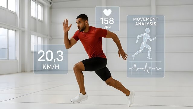 Athlete with Floating Performance Data Overlays in Sports Hall